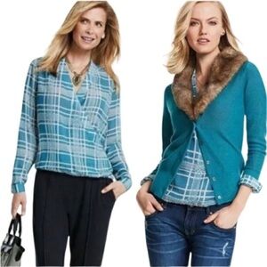 CAbi Style #3068 Windowpane Faux Wrap Long Sleeve Deep V Neck Lightweight Blouse